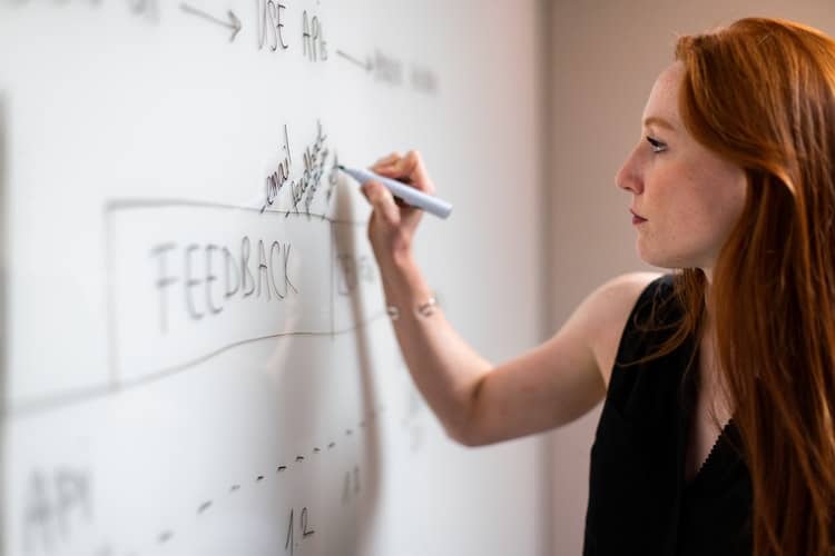 woman in black shirt holding white smartphone Female software engineer writes on whiteboard