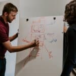 A man draws a diagram of a data structure on a dry erase board as his colleague looks on.