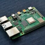 A Raspberry Pi computer’s circuit board sits on a cloth.