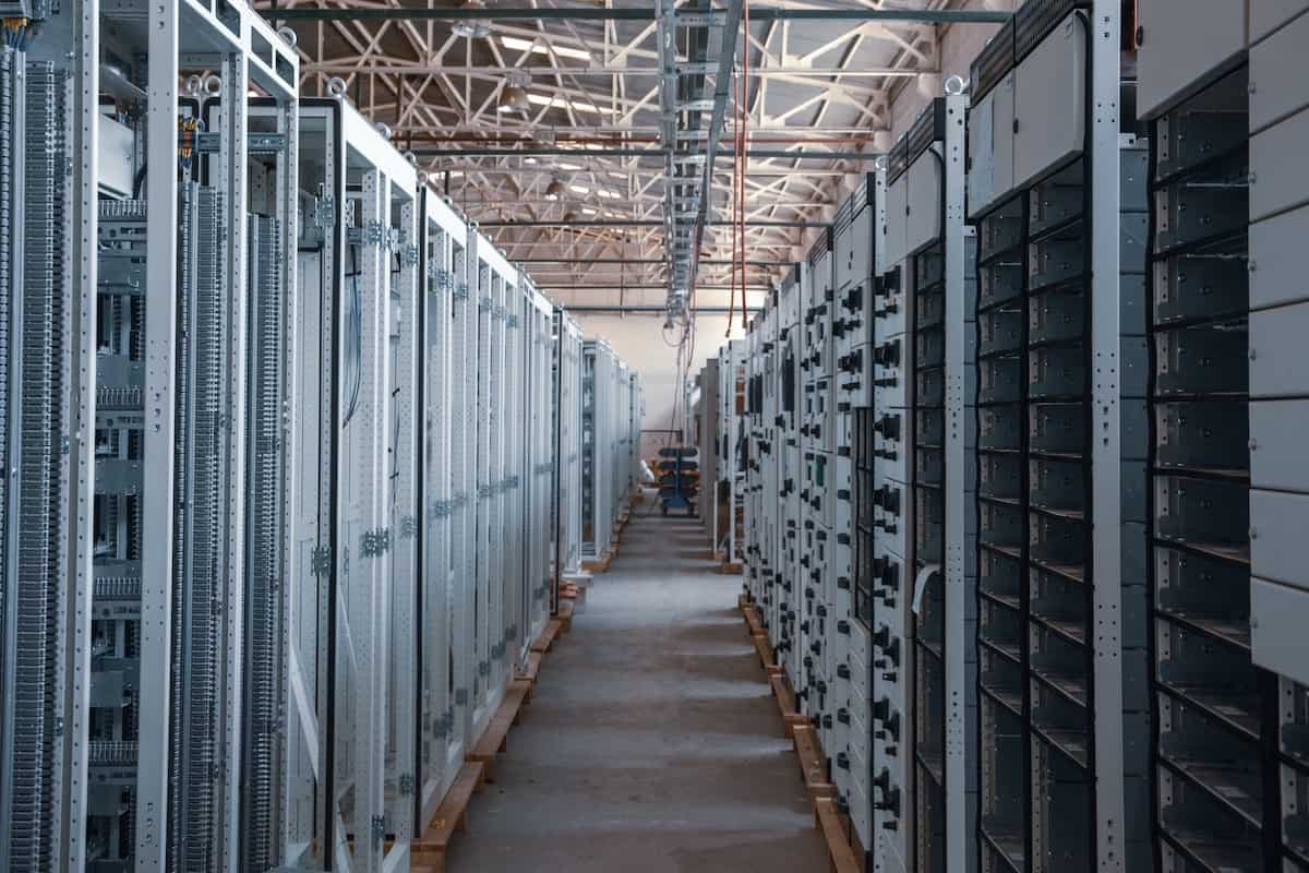 Hallway full of computer hardware