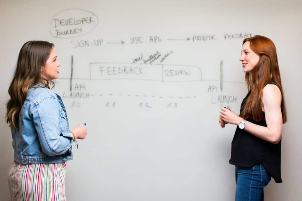 Two women discussing software development in front of a whiteboard What Is Computer Science?
