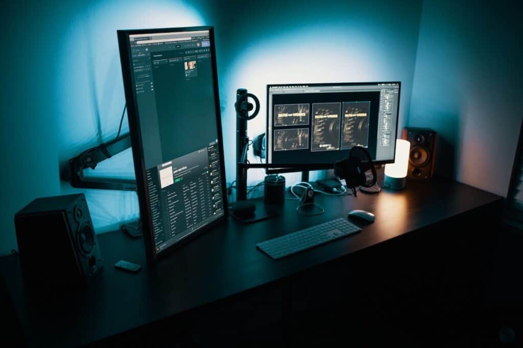  Two computer monitor displays in a dark room coding bootcamp cost